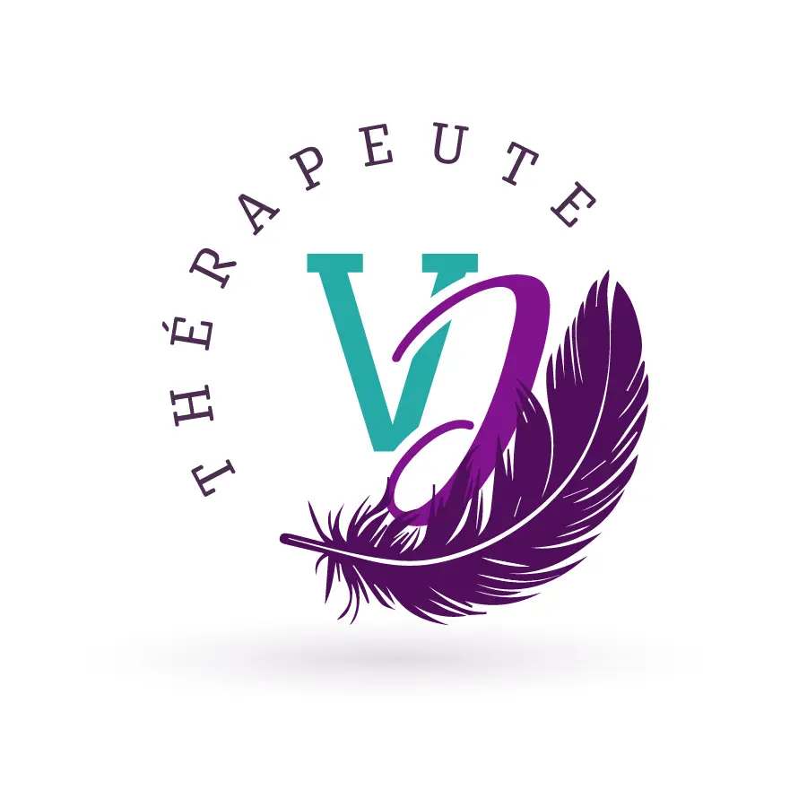 Logo de Véronique Julien, relation d'aide complémentaire et développement personnel : monogramme VJ orné d'une plume violette